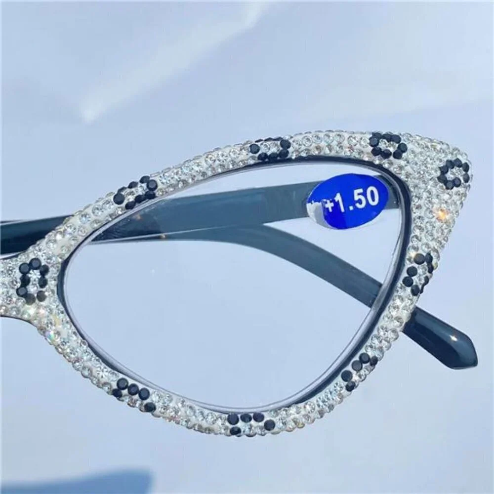 White Rhinestone Cat-Eye Glasses Vintage Frames with Black Leopard X1.0 Magnify
